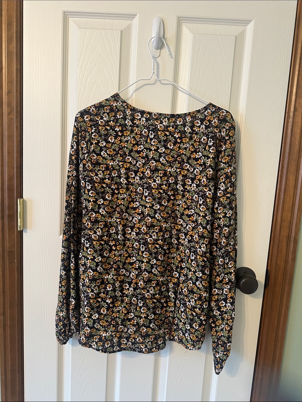 Floral Long-Sleeve Blouse in Black with Mustard & White Flowers - Picture 2 of 2